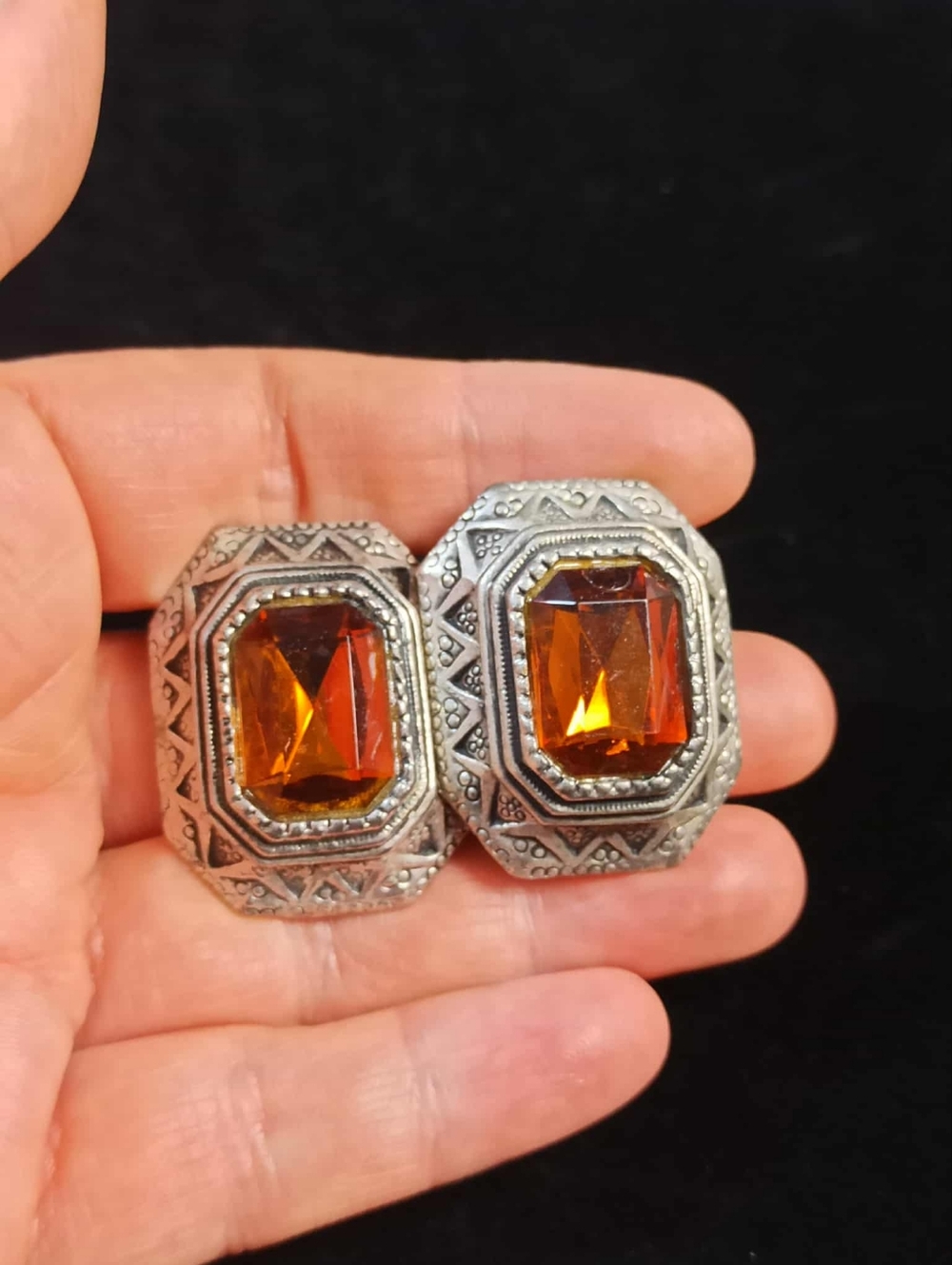 Vintage 80’s Amber Faceted Glass Statement Earrings Silver Tone Heavy Art Deco - Picture 4 of 11